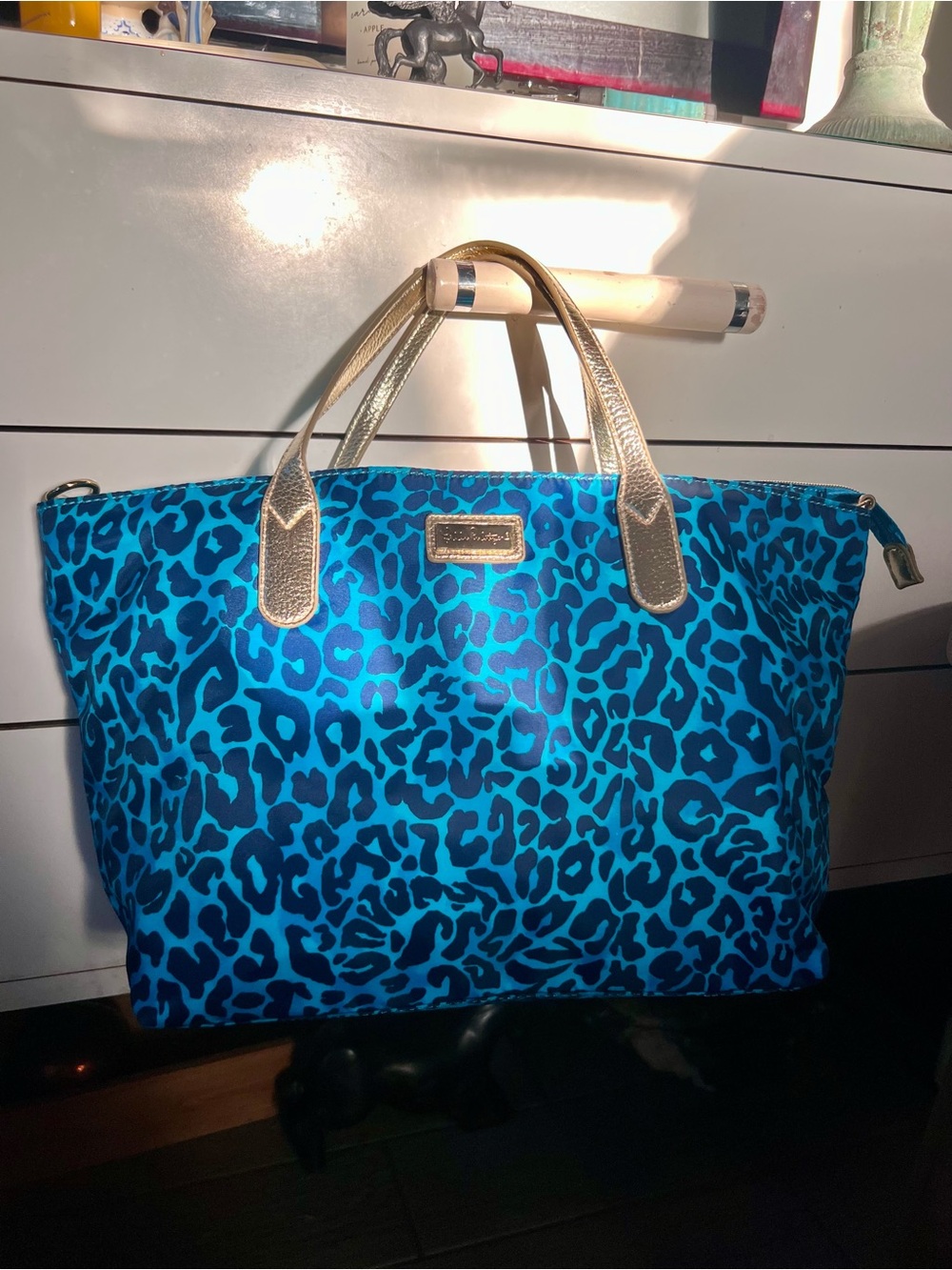 Blue Leopard Print Tote Bag with Silver Handles
